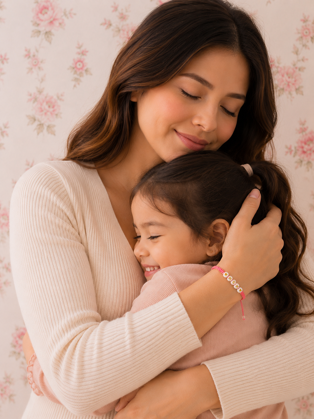 Pulsera Amor de Mamá en macramé rosado